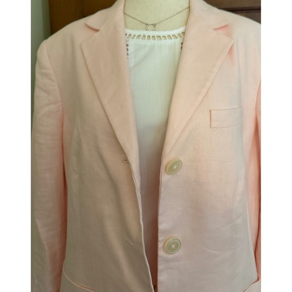 Chaps 100% Linen Blazer Jacket Women 14 Blush Pink Three-Button Lined Resortwear - Picture 2 of 16